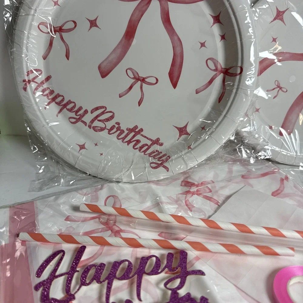 Pink bow happy birthday decoration set, Backdrop Balloons and serving set for 10